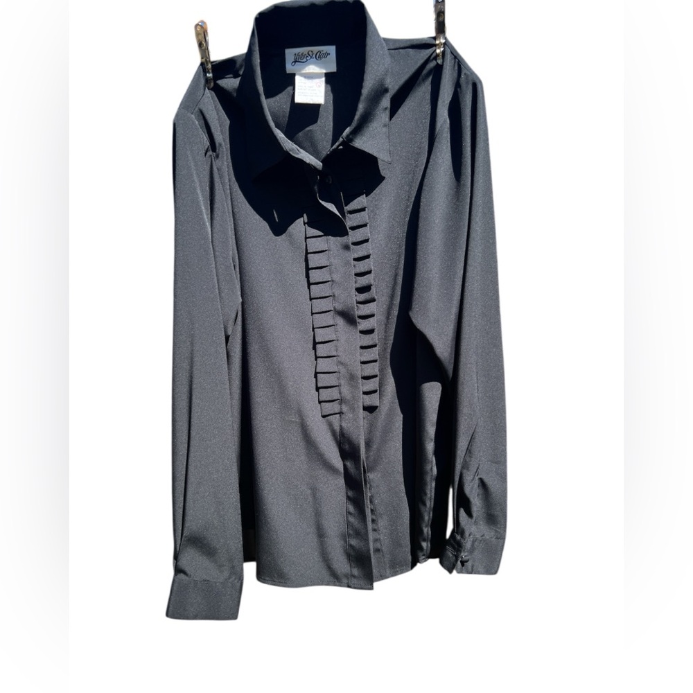 Black Long Sleeve Blouse with Pleated Front size 16 Yves St Clair vintage
